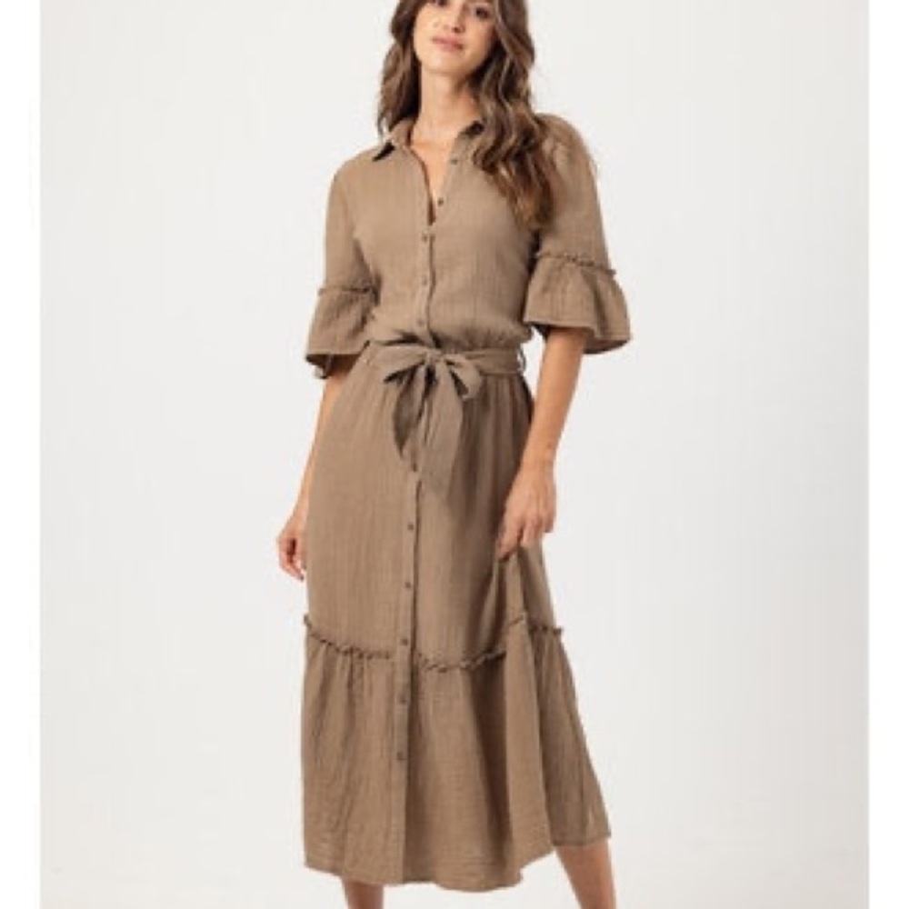 New With Tags Designer Sundays Brown Midi Dress with Bell Sleeves and Tie Front